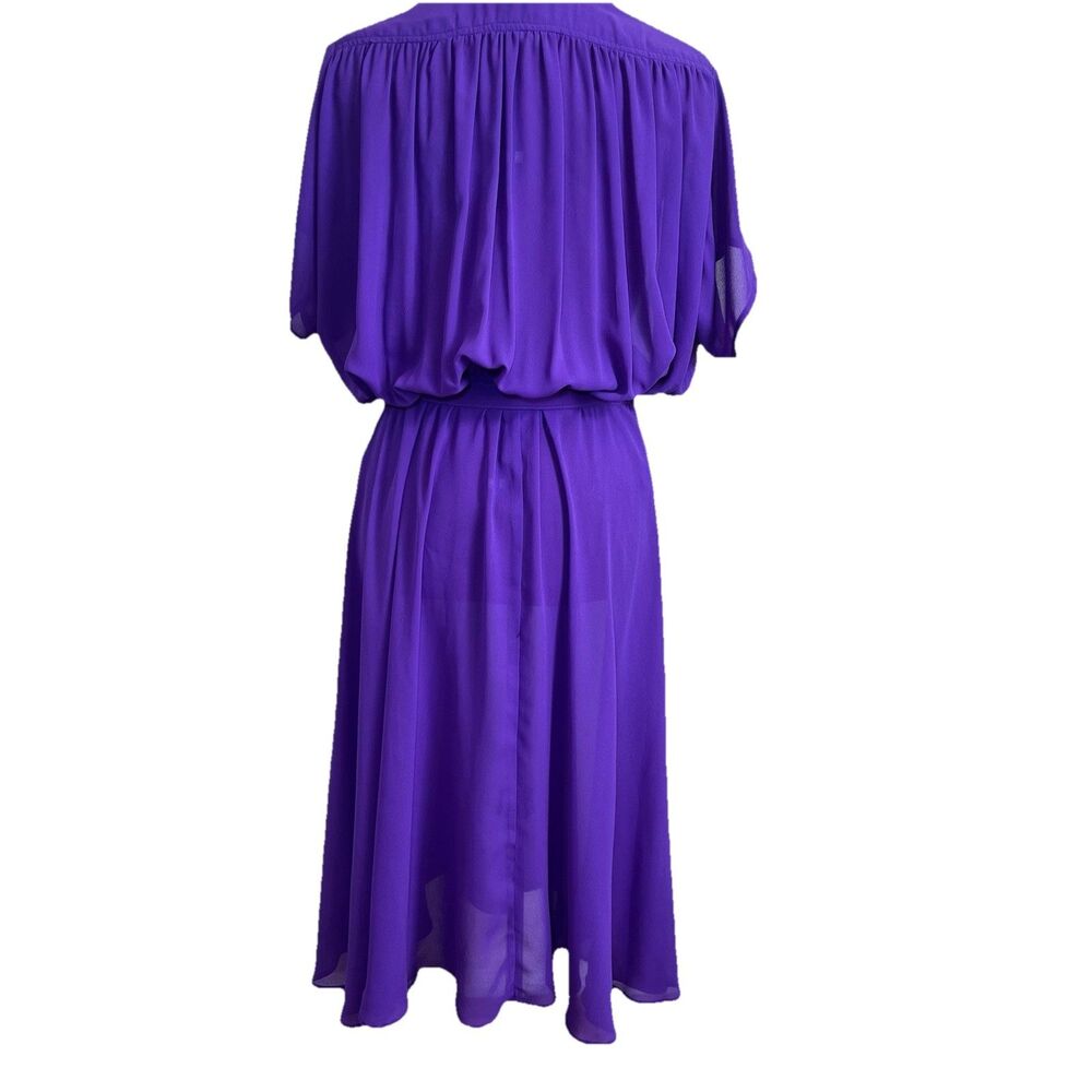 Vtg 80S Bernard New York V Neck Purple Chiffon Midi Dress Belted Retro Sz 10 - Picture 3 of 9